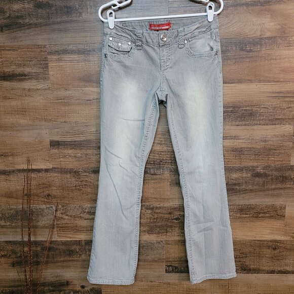 Zana Di Jeans Women 9 Bootcut Low Rise Button Flap Embellished Gray Thick Stitch - Picture 1 of 11